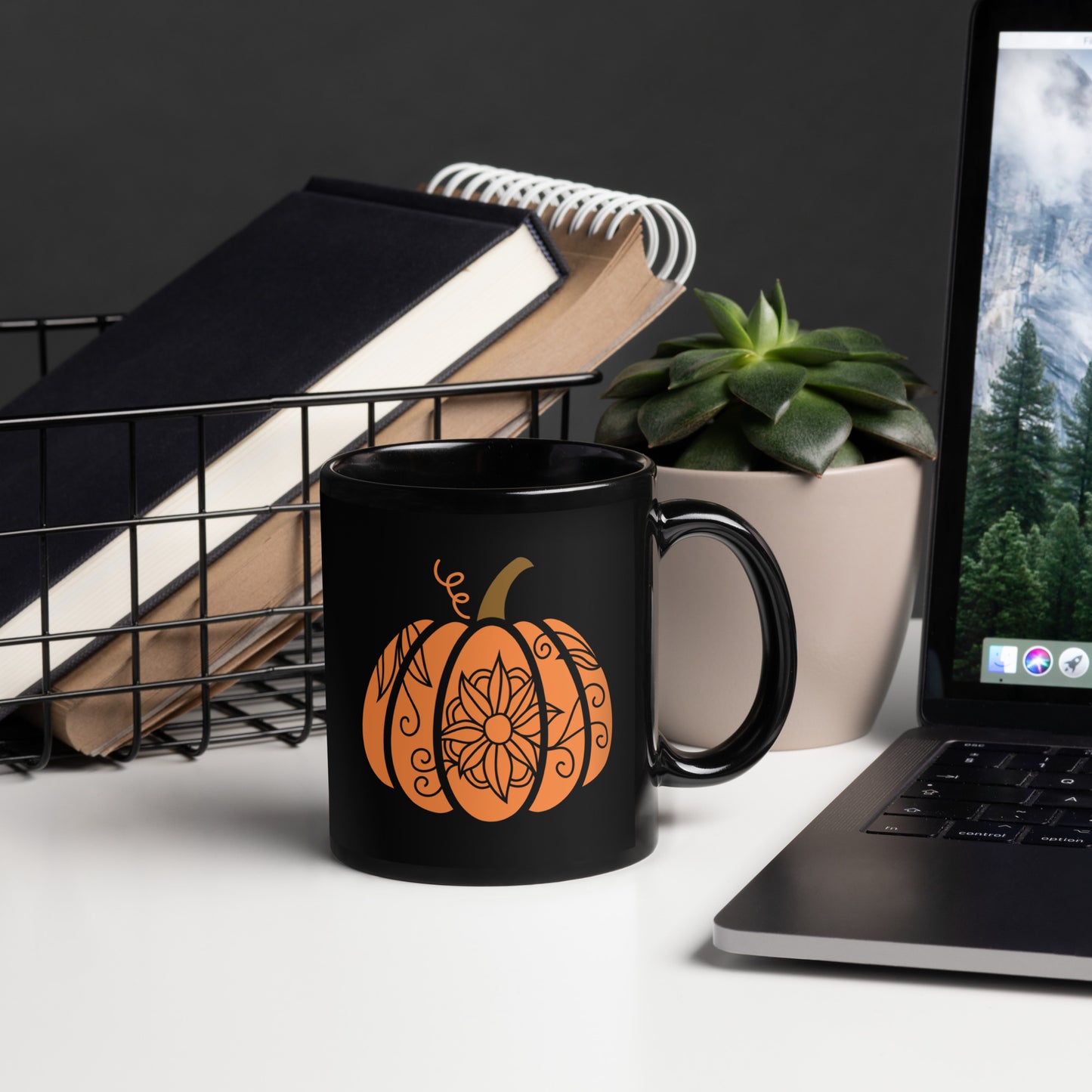 Orange Pumpkin Black Glossy Mug